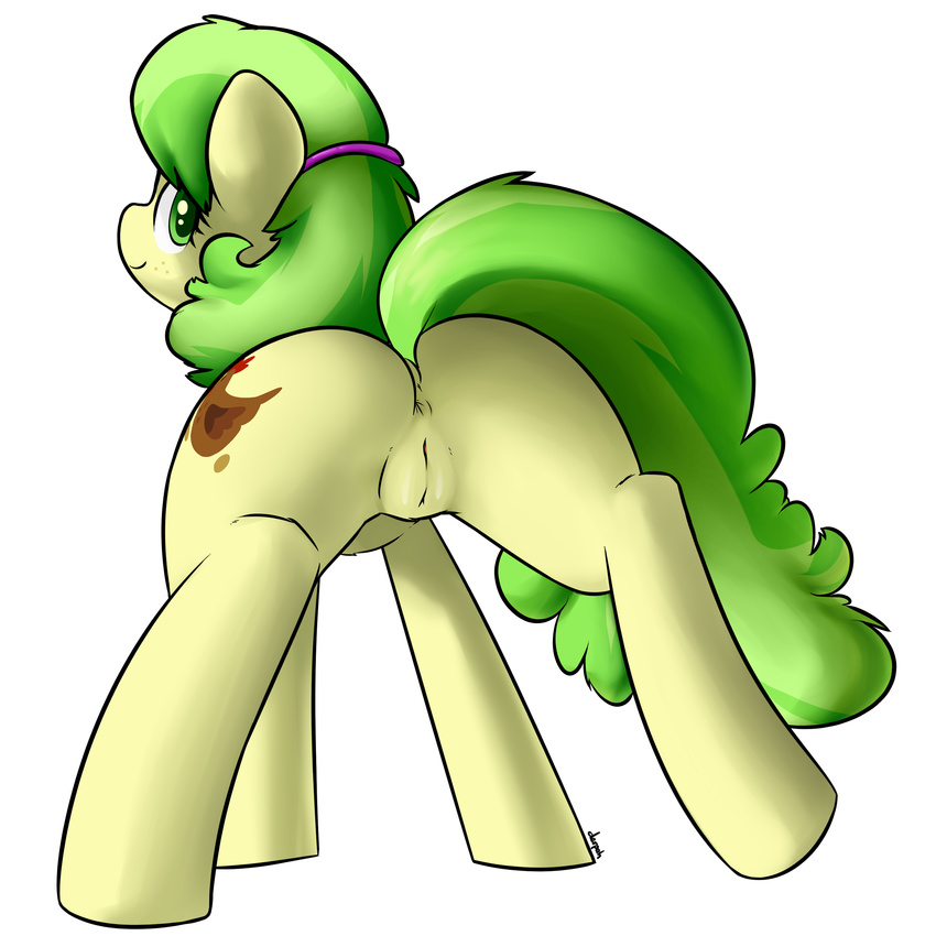 alpha_channel anus back_turned clitoris cutie_mark derpah earth_pony equine female feral freckles friendship_is_magic fur green_eyes green_hair hair hi_res hooves horse looking_at_viewer looking_back mammal ms_peachbottom_(mlp) my_little_pony plain_background pony presenting pussy raised_tail smile solo spread_legs spreading transparent_background