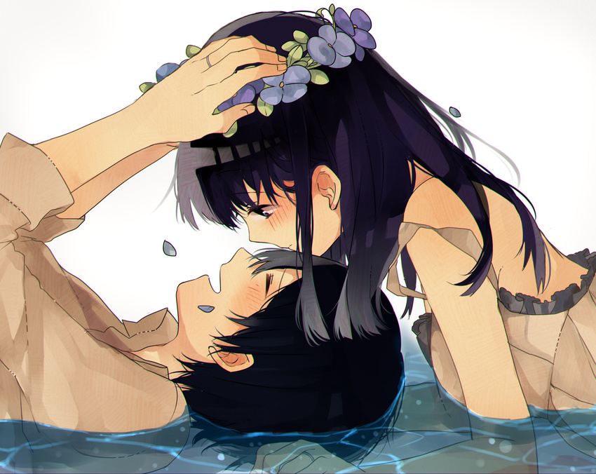 1girl bad_id bad_pixiv_id black_hair blush closed_eyes couple flower_wreath hand_on_another's_head head_wreath hetero highres lingmuzi long_hair looking_at_another lying original putting_on_headwear short_hair smile water