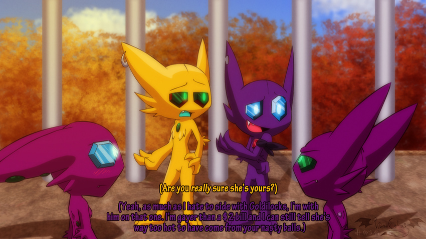annoyed anthro bloodstone blush brother burn dialog ear_piercing english_text female gem gem_(character) group humor nintendo oh_snap open_mouth piercing pok&#233;mon pok&eacute;mon raised_arm sableye sibling standing text tree vibrantechoes video_games zicron