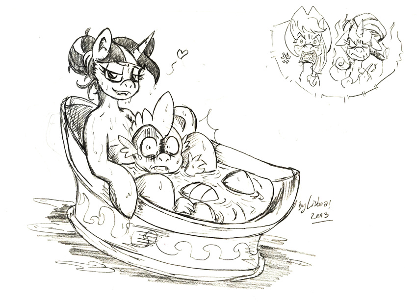 &lt;3 applejack_(mlp) bath black_and_white bylisboa dragon equine fangs female feral friendship_is_magic group horn horse looking_at_viewer male mammal monochrome my_little_pony pony rarity_(mlp) spike_(mlp) twilight_sparkle_(mlp) unicorn water