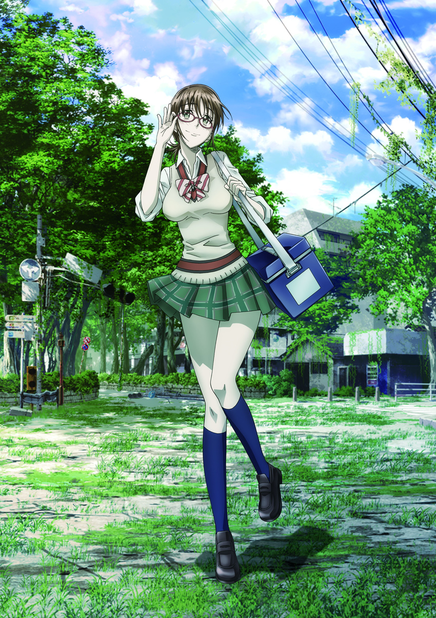 absurdres adjusting_eyewear bag blue_legwear bow bowtie brown_hair cloud cloudy_sky coppelion day glasses grass green_eyes green_skirt highres house ivy kneehighs loafers miniskirt nature nomura_taeko official_art outdoors overgrown pale_skin plaid plaid_skirt plant pleated_skirt power_lines red-framed_eyewear road_sign ruins scenery school_uniform shoes short_ponytail shoulder_bag sign skirt sky sleeves_rolled_up solo standing standing_on_one_leg striped striped_bow striped_neckwear sweater_vest traffic_light tree
