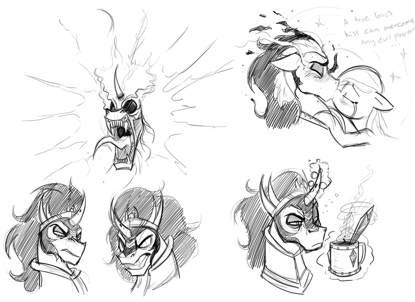 angry black_and_white blush cup derpy_hooves_(mlp) duo equine female feral friendship_is_magic horn horse king_sombra_(mlp) kissing male mammal mickeymonster monochrome my_little_pony pegasus pony tears tongue tongue_out unicorn wings