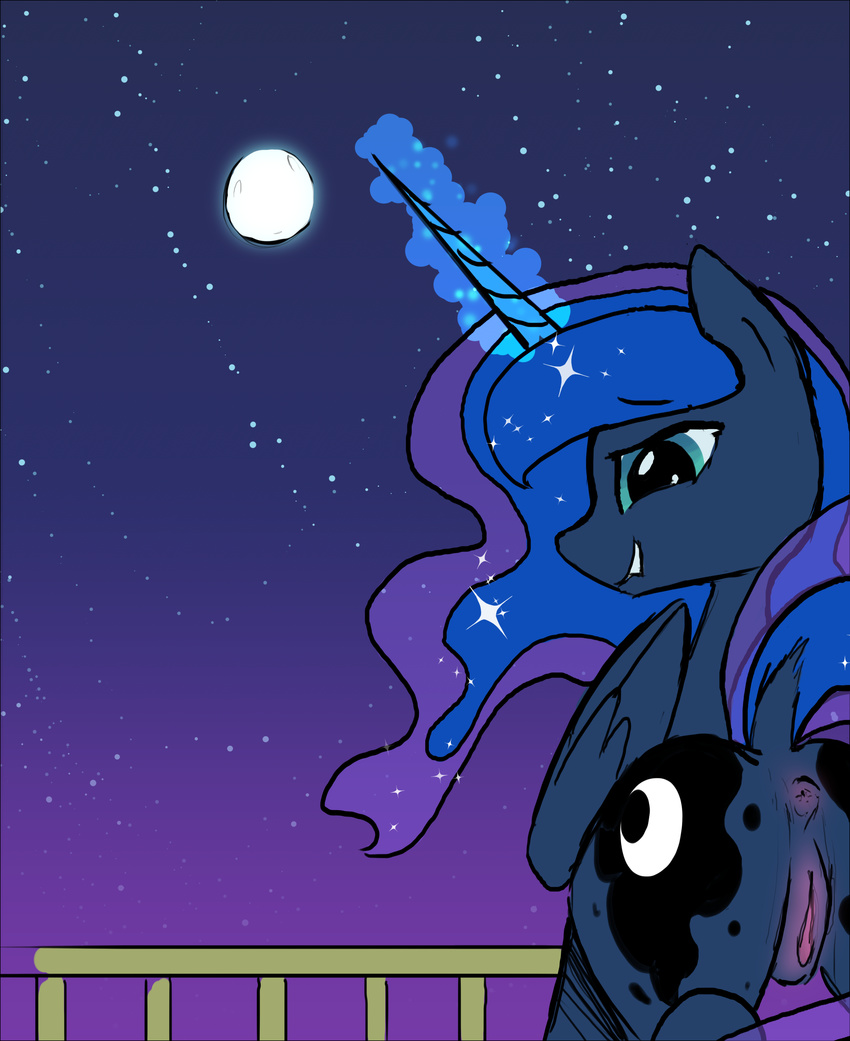 anus blue_fur blue_hair clitoris cutie_mark equine feathers female friendship_is_magic fur hair hi_res hooves horn horse long_hair looking_at_viewer looking_back lunatac magic mammal moon my_little_pony pony presenting princess_luna_(mlp) pussy raised_tail sky smile solo stars teal_eyes winged_unicorn wings