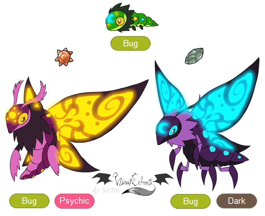 ambiguous_gender arthropod bioluminescence blue_eyes caterpillar fak&#233;mon fak&eacute;mon fur gamefreak glowing glowing_eyes insect nintendo plain_background pok&#233;mon pok&eacute;mon purple_fur rock stone vibrantechoes video_games white_background wings yellow_eyes