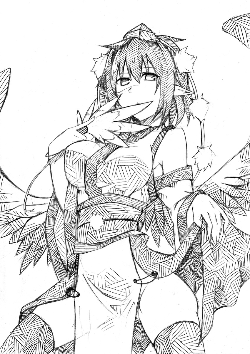 absurdres black_wings detached_sleeves fumotewi greyscale hat highres japanese_clothes looking_at_viewer monochrome no_panties pointy_ears shameimaru_aya short_hair solo tokin_hat touhou wings