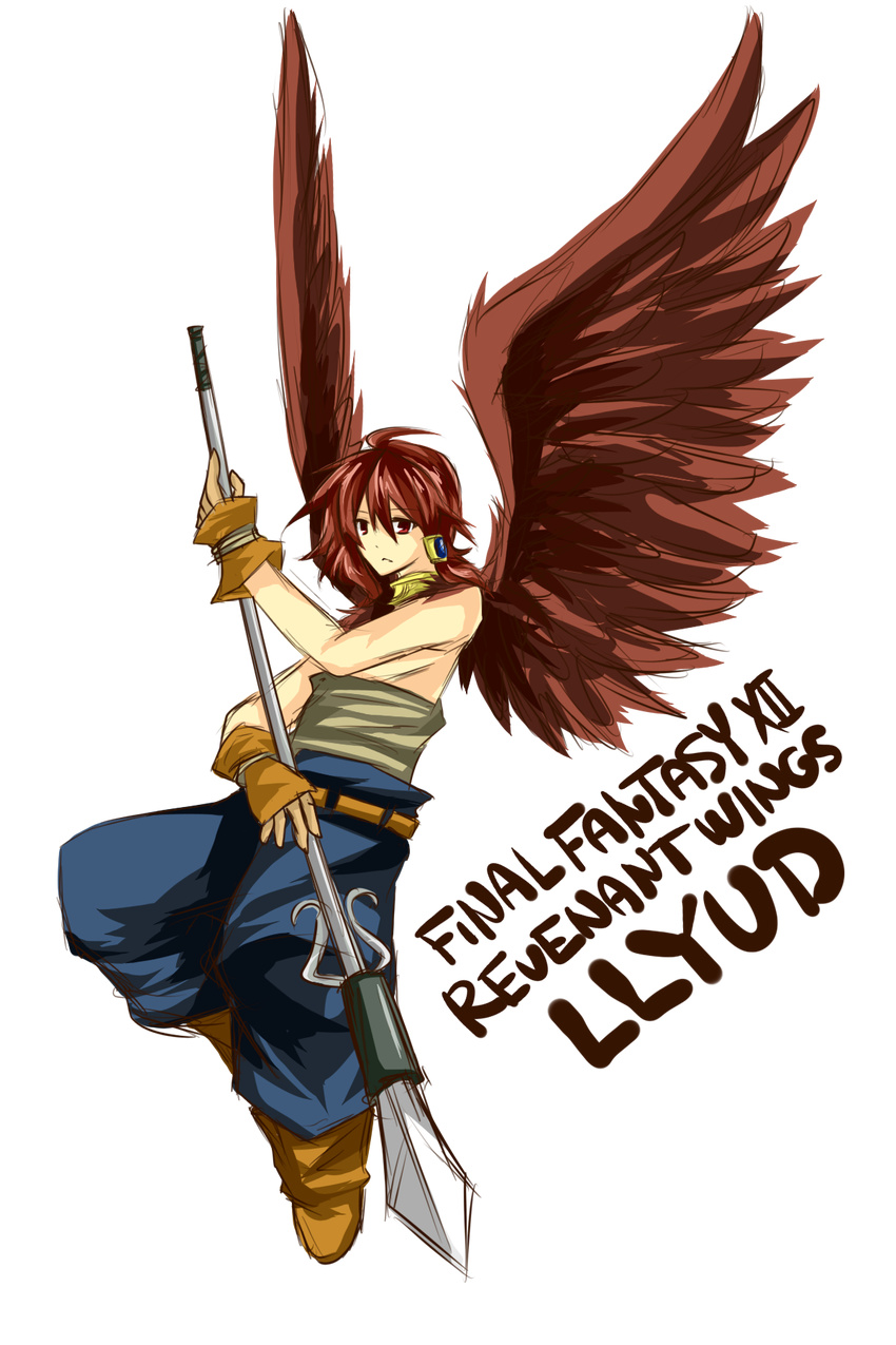 1boy aegyl final_fantasy final_fantasy_xii final_fantasy_xii_revenant_wings flying gloves jewelry llyud male male_focus monster_boy polearm red_eyes red_hair spear weapon wings