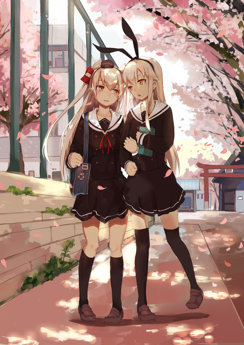 absurdres alternate_costume amatsukaze_(kantai_collection) bag black_legwear blonde_hair cherry_blossoms dappled_sunlight hair_ribbon hair_tubes highres huanxiang_heitu kantai_collection kneehighs loafers locked_arms long_hair matching_outfit multiple_girls neckerchief open_mouth petals ribbon school_bag school_uniform serafuku shimakaze_(kantai_collection) shoes shoulder_bag sunlight thighhighs torii tree very_long_hair yellow_eyes zettai_ryouiki