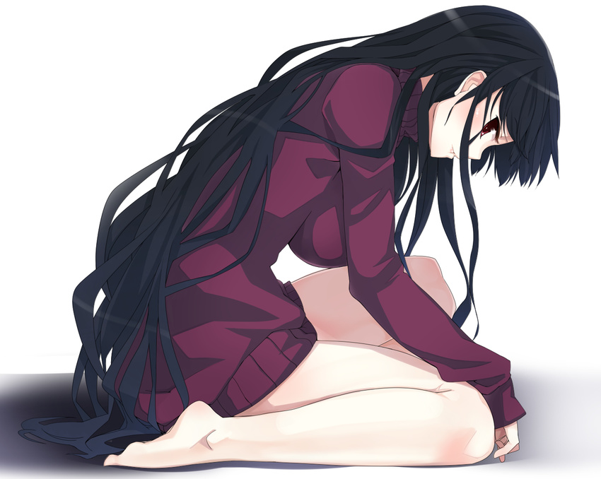 baicha barefoot black_hair blush breasts brown_eyes full_body large_breasts long_hair naked_sweater original parted_lips profile simple_background sitting smile solo sweater very_long_hair white_background