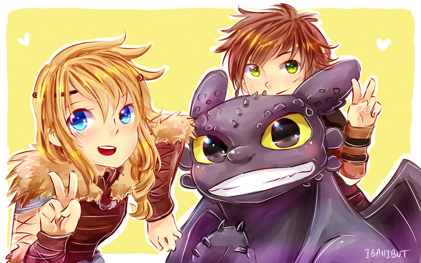 1boy 1girl astrid_hofferson blonde_hair blue_eyes brown_hair dragon green_eyes hiccup_horrendous_haddock_iii highres how_to_train_your_dragon ibahibut long_hair ponytail short_hair smile toothless