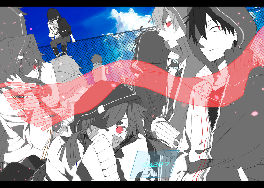 5boys ahoge alternate_costume back bad_id bad_pixiv_id blue_sky chain-link_fence commentary daze_(kagerou_project) ene_(kagerou_project) fence hands_in_pockets highres holographic_interface hood hoodie jacket kagerou_project kano_shuuya kido_tsubomi kisaragi_momo kisaragi_shintarou konoha_(kagerou_project) kozakura_marry letterboxed long_hair looking_at_viewer monochrome multiple_boys multiple_girls red_eyes rubill scarf seto_kousuke short_hair sitting sky sleeves_past_wrists smile track_jacket twintails