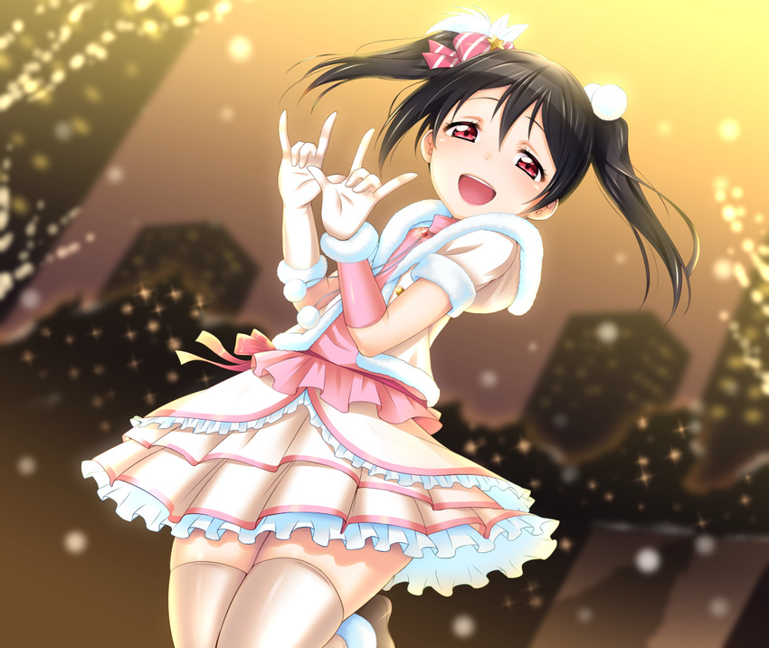 \m/ black_hair blush bow double_\m/ hair_bow jumping looking_at_viewer love_live! love_live!_school_idol_project nico_nico_nii open_mouth red_eyes satou_kuuki short_hair skirt smile snow_halation solo thighhighs twintails yazawa_nico