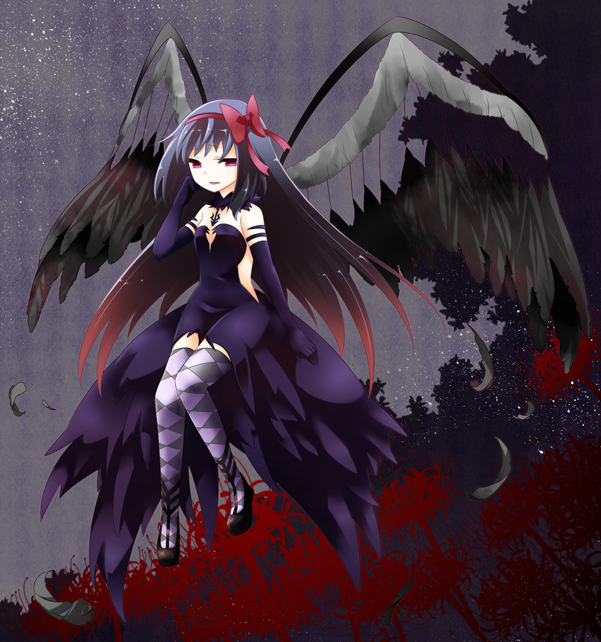 akemi_homura akuma_homura argyle argyle_legwear bare_shoulders black_gloves black_hair black_wings bow choker dress elbow_gloves feathered_wings feathers floating flower gloves hair_bow hair_tousle highres kiriko long_hair mahou_shoujo_madoka_magica mahou_shoujo_madoka_magica_movie purple_eyes silhouette sky solo spider_lily spoilers star_(sky) starry_sky thighhighs tree very_long_hair wings zettai_ryouiki