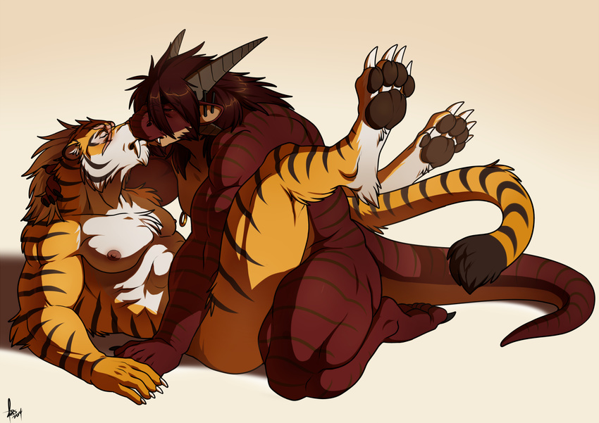 abs anthro biceps claws dragon duo ear_piercing feline fur gay hair horn huge_muscles kissing lying male mammal missionary_position muscles nipple_piercing nipples nude on_back pecs piercing plain_background red_skin rossciaco sex stripes thick_thighs tiger white_background