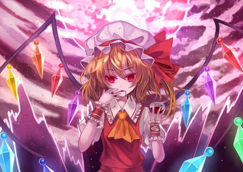 ascot blonde_hair cup drinking_glass flandre_scarlet hat highres red_eyes ribbon short_hair side_ponytail solo touhou wine_glass wings youxuemingdie