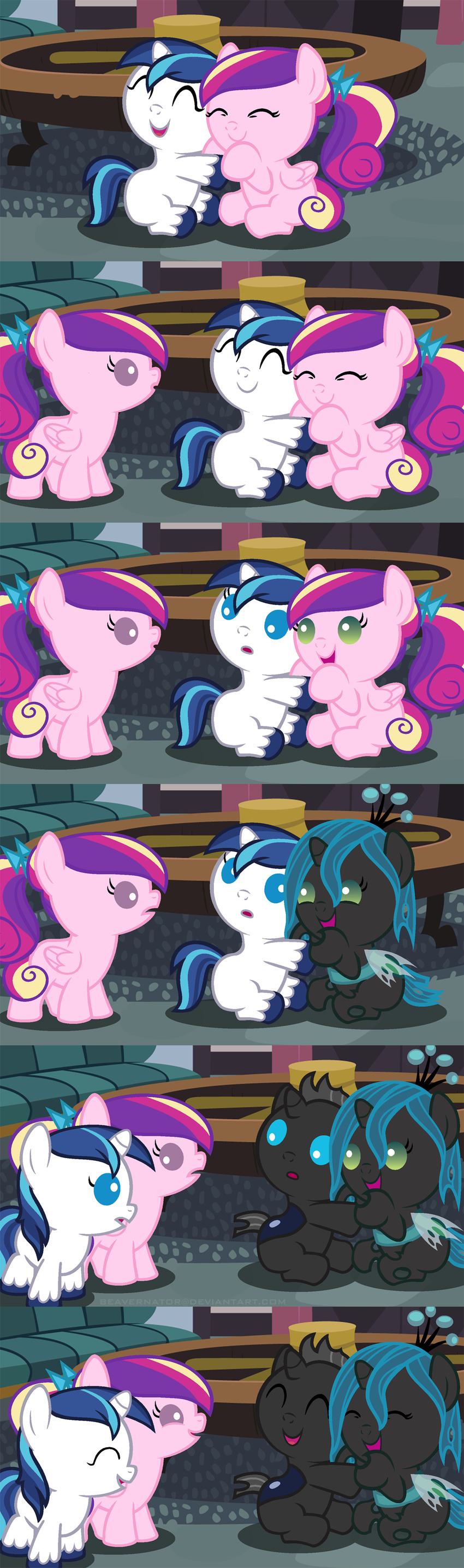 beavernator blue_eyes blue_hair changeling cub cute equine eyes_closed female feral friendship_is_magic fur green_eyes group hair horn horse male mammal multicolor_fur my_little_pony open_mouth pegasus pink_fur pony ponytail princess_cadance_(mlp) queen_chrysalis_(mlp) shining_armor_(mlp) smile unicorn white_fur winged_unicorn wings young
