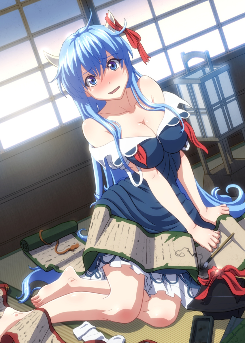 alternate_hair_color bare_shoulders barefoot blue_dress blue_eyes blue_hair blush bow breasts calligraphy_brush cleavage commentary dress dutch_angle ex-keine hat hat_removed headwear_removed highres horns indoors inkstone kamishirasawa_keine kezune_(i-_-i) lamp large_breasts long_hair looking_at_viewer morning off_shoulder open_mouth paintbrush ribbon scroll sitting socks socks_removed solo sweatdrop tatami touhou very_long_hair yokozuwari