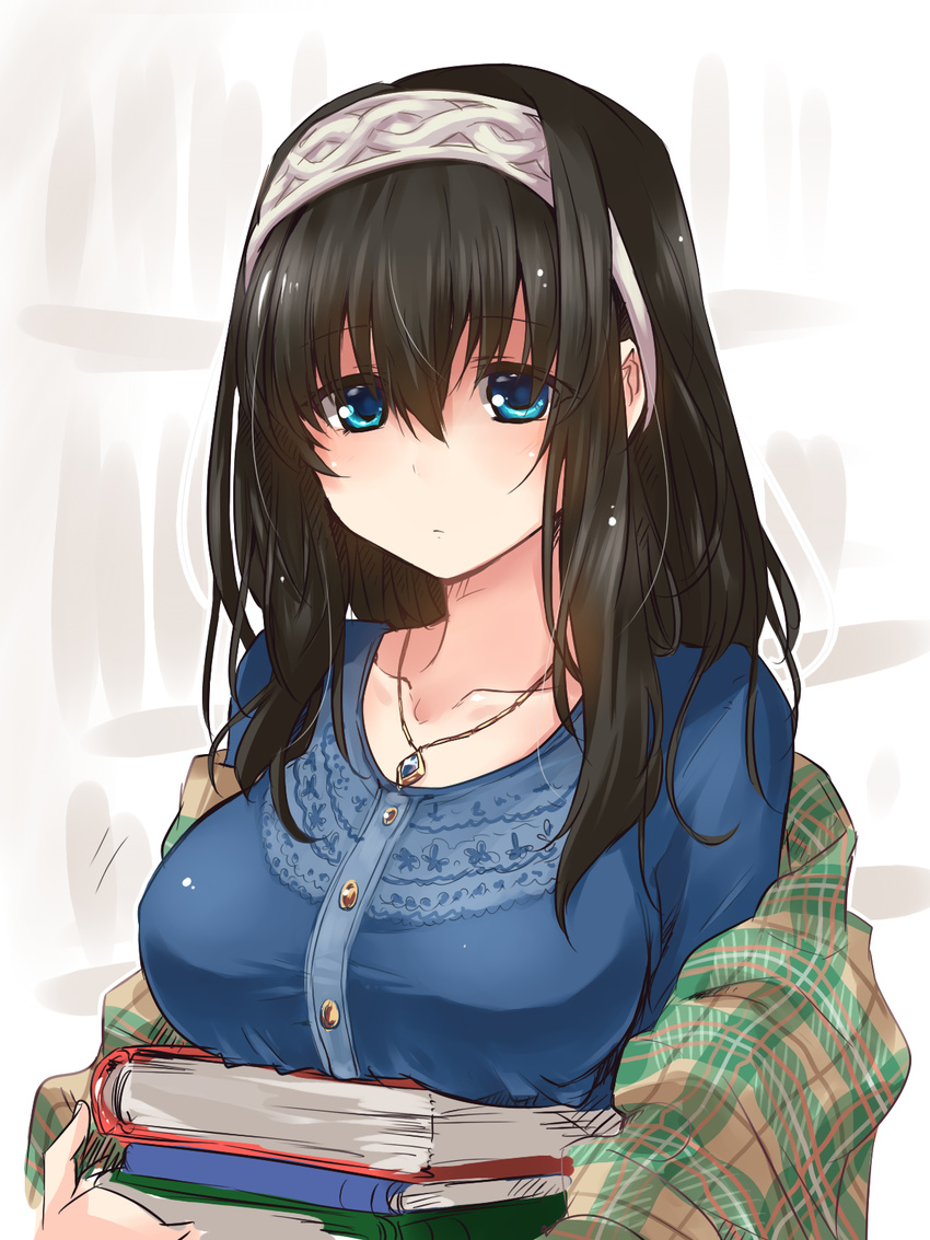 bad_id bad_pixiv_id black_hair blue_eyes book breast_rest breasts carried_breast_rest collarbone hairband highres idolmaster idolmaster_cinderella_girls jewelry large_breasts long_hair paopao pendant sagisawa_fumika shawl solo