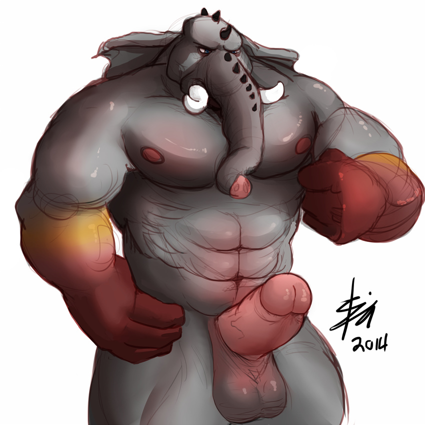 abs anthro balls biceps big_muscles big_penis bin elephant erection horn humanoid_penis male mammal muscles nude pecs penis plain_background pose solo standing tusks