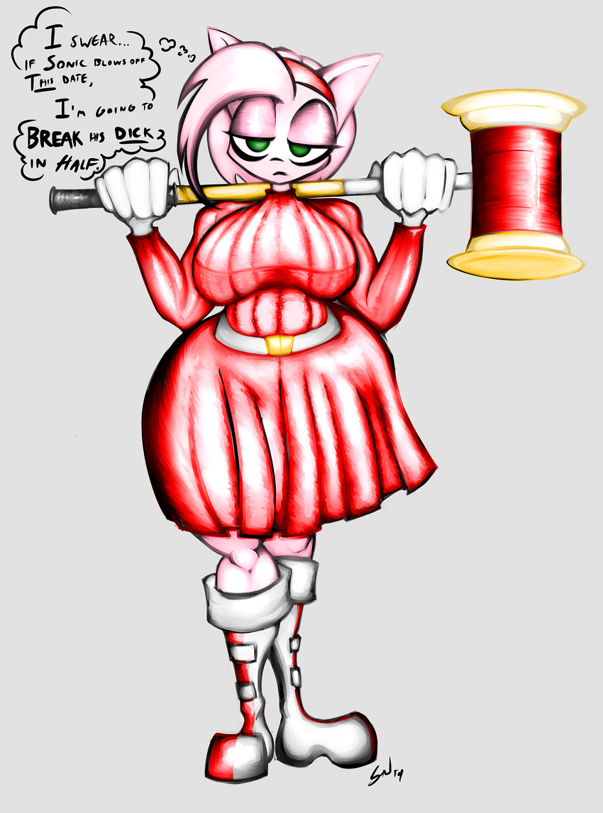 anthro big_breasts boots breasts clothed clothing female fur gloves green_eyes hair hairband hammer looking_at_viewer mammal pink_fur pink_hair sega skirt solo sonic(series) sonic_(series) standing sweater thick_thighs thighs video_games weapon wide_hips