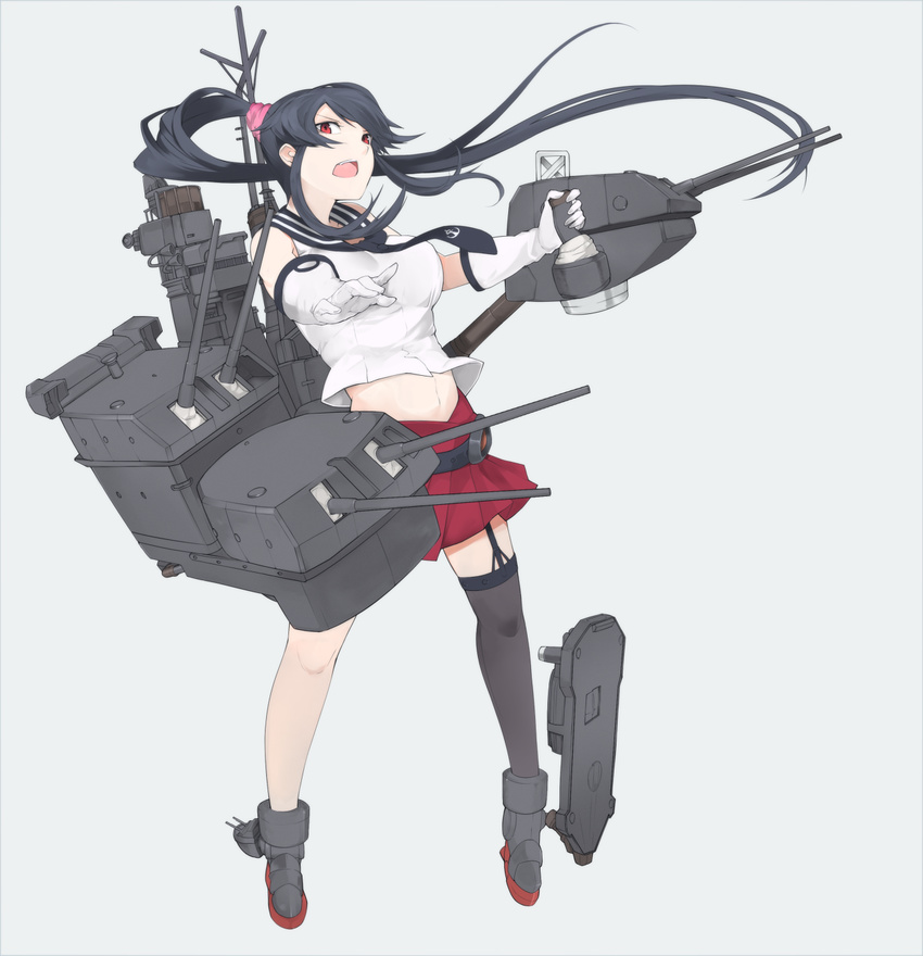black_hair breasts gloves highres kantai_collection large_breasts long_hair looking_at_viewer miniskirt open_mouth ponytail red_eyes red_skirt single_thighhigh skirt solo thighhighs tugmix white_gloves yahagi_(kantai_collection)