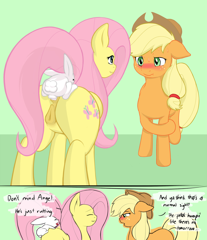 anal anal_penetration angel_(mlp) applejack_(mlp) blonde_hair blush butt cowboy_hat cutie_mark equine eyes_closed female feral fluttershy_(mlp) freckles friendship_is_magic fur green_eyes group hair hat horse lagomorph long_hair male mammal my_little_pony orange_fur penetration pink_hair pony pussy rabbit sex standing straight sweat vulapa yellow_fur