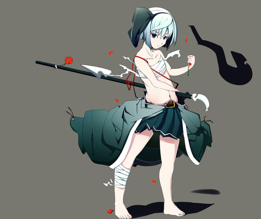 bandages barefoot belt blue_eyes clothes_around_waist collarbone flat_chest flower full_body grey_background hair_ribbon inaho_(inaho777) katana konpaku_youmu konpaku_youmu_(ghost) looking_at_viewer midriff navel no_shirt ribbon sarashi shirt_around_waist short_hair silver_hair simple_background skirt solo sword touhou weapon