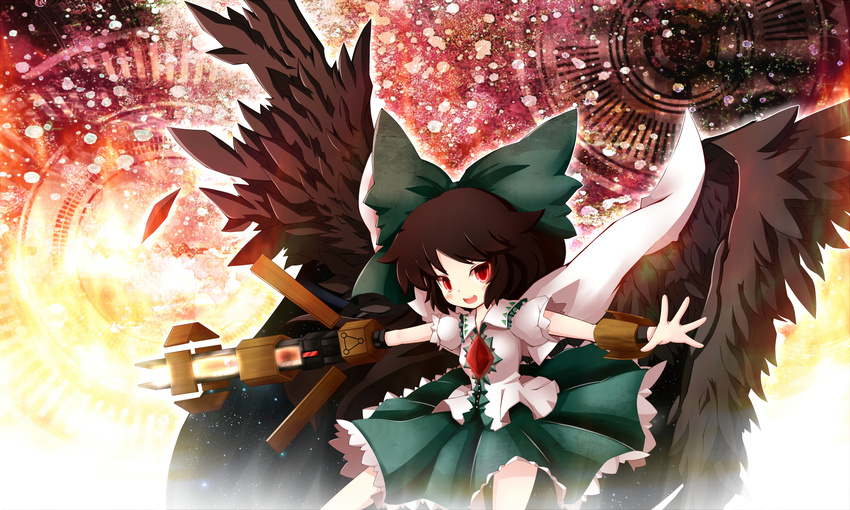 alternate_weapon bad_id bad_pixiv_id black_hair black_wings bow cocozasa control_rod hair_bow hair_ornament highres long_hair looking_at_viewer open_mouth outstretched_arms red_eyes reiuji_utsuho smile solo spread_arms touhou weapon wings