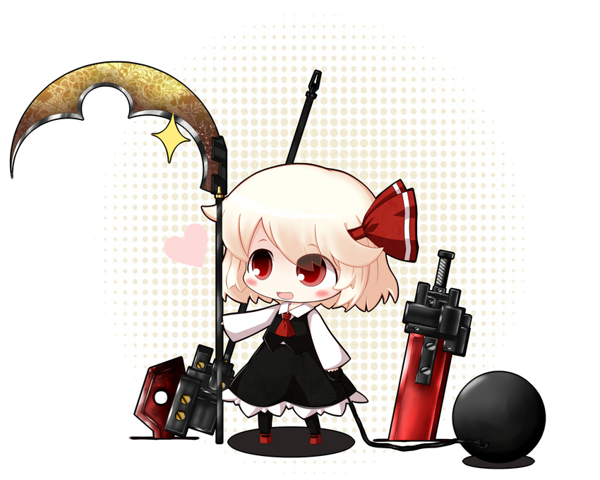 axe bad_id bad_pixiv_id blonde_hair chibi cocozasa flail hair_ornament hair_ribbon heart highres holding open_mouth red_eyes ribbon rumia scythe short_hair simple_background smile solo sparkle sword touhou weapon