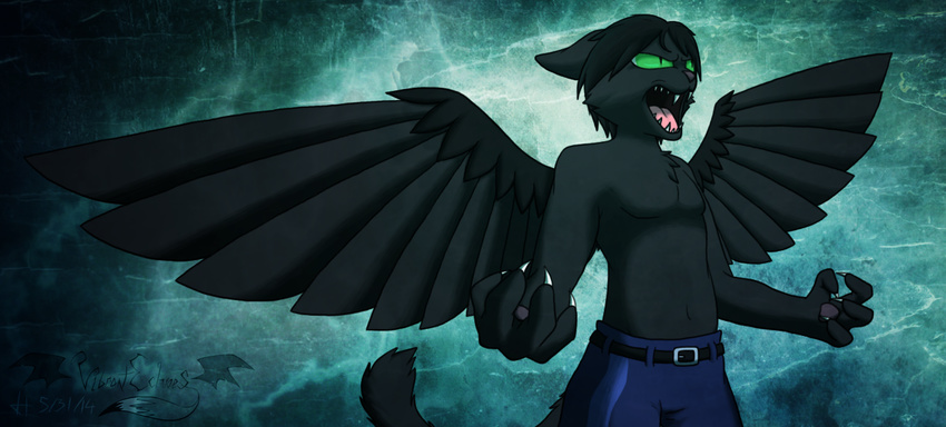 abstract_background angel avian belt black_hair black_wings cat chest_tuft claws clothing fangs feline fur green_eyes hair hybrid intense jeans light male mammal open_mouth original_character pants pose rage rawr short_hair solo standing teeth tongue topless tuft vibrantechoes wings