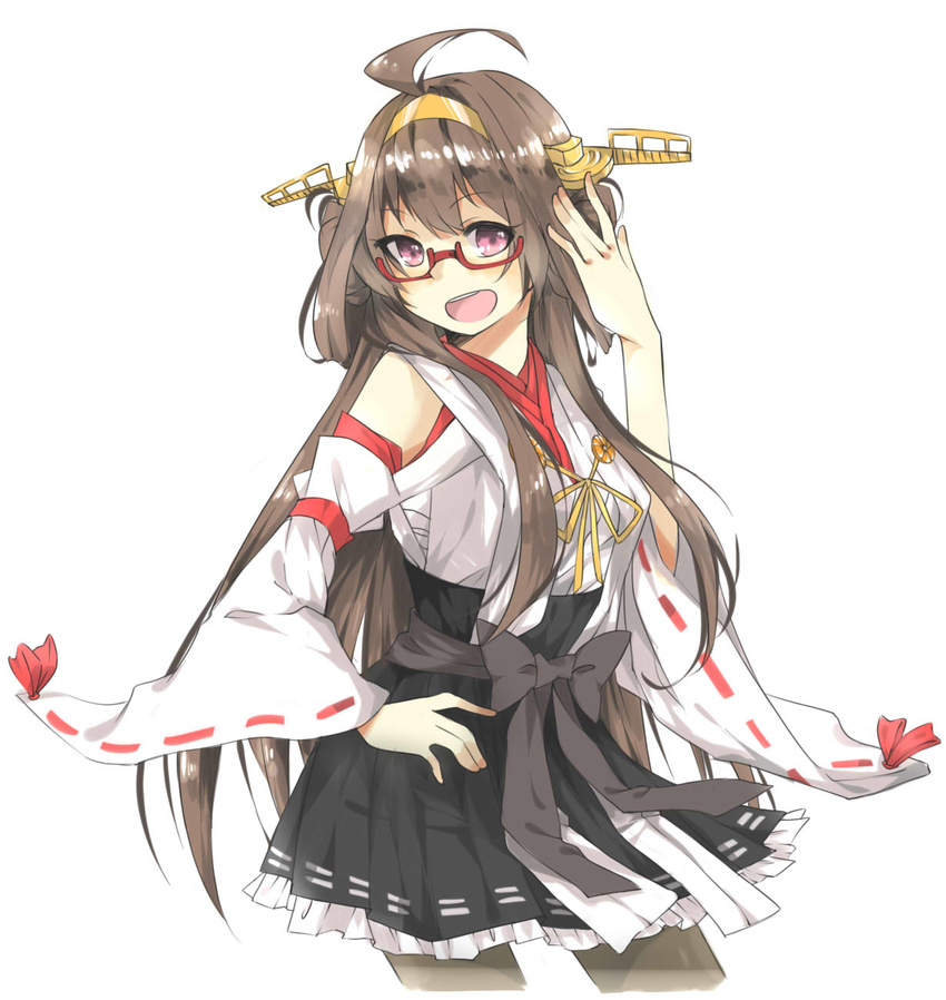 ahoge bespectacled brown_hair cropped_legs detached_sleeves glasses hairband highres japanese_clothes kantai_collection kongou_(kantai_collection) long_hair nontraditional_miko open_mouth pantyhose red-framed_eyewear semi-rimless_eyewear simple_background solo tomo_futoshi under-rim_eyewear