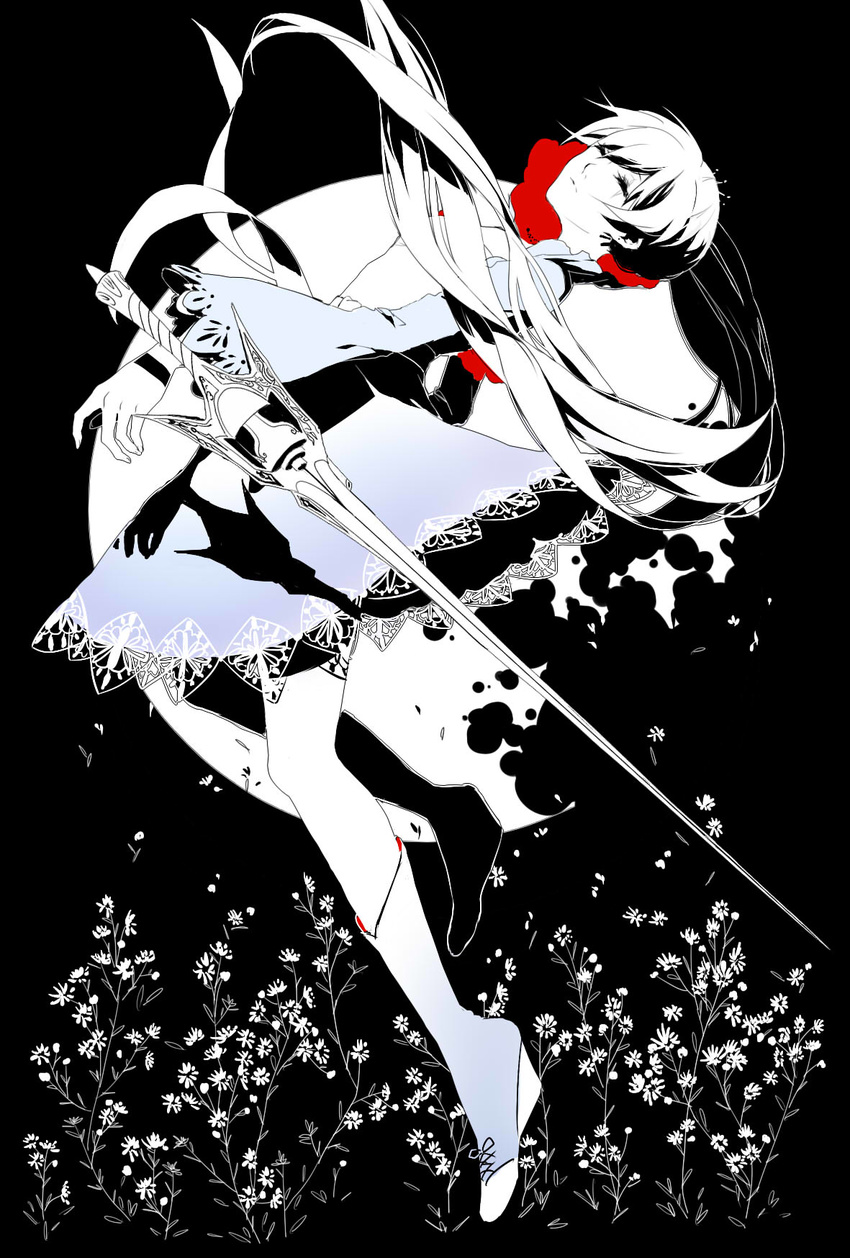 black_background blue_dress boots closed_eyes commentary dress expressionless flower full_body highres knee_boots long_hair myrtenaster ppportia rwby scar scar_across_eye simple_background solo spot_color sword very_long_hair weapon weiss_schnee