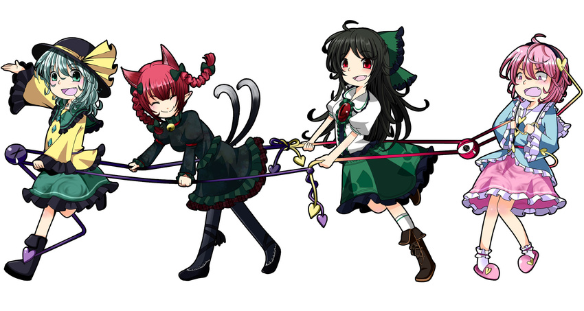 animal_ears bell black_hair bow braid cat_ears cat_tail eyeball fang green_eyes green_hair hair_bow hairband hat heart highres kaenbyou_rin kayama_benio komeiji_koishi komeiji_satori long_hair looking_at_viewer multiple_girls multiple_tails open_mouth pink_eyes pink_hair purple_hair red_eyes red_hair reiuji_utsuho ribbon short_hair simple_background skirt smile tail teardrop third_eye touhou twin_braids white_background