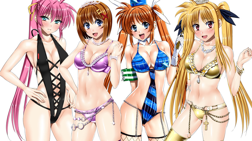 :d bad_id bad_pixiv_id blonde_hair blue_eyes blush bracelet breasts brown_hair chain cleavage fate_testarossa fishnet_legwear fishnets gloves gun hair_ornament hairpin hand_on_hip hat highres jewelry long_hair looking_at_viewer lyrical_nanoha mahou_shoujo_lyrical_nanoha medium_breasts multiple_girls navel necklace open_mouth orange_hair pink_hair ponytail red_eyes sen_(sansui) shiny shiny_skin short_hair signum simple_background smile swimsuit takamachi_nanoha thighhighs tiara twintails weapon white_background yagami_hayate