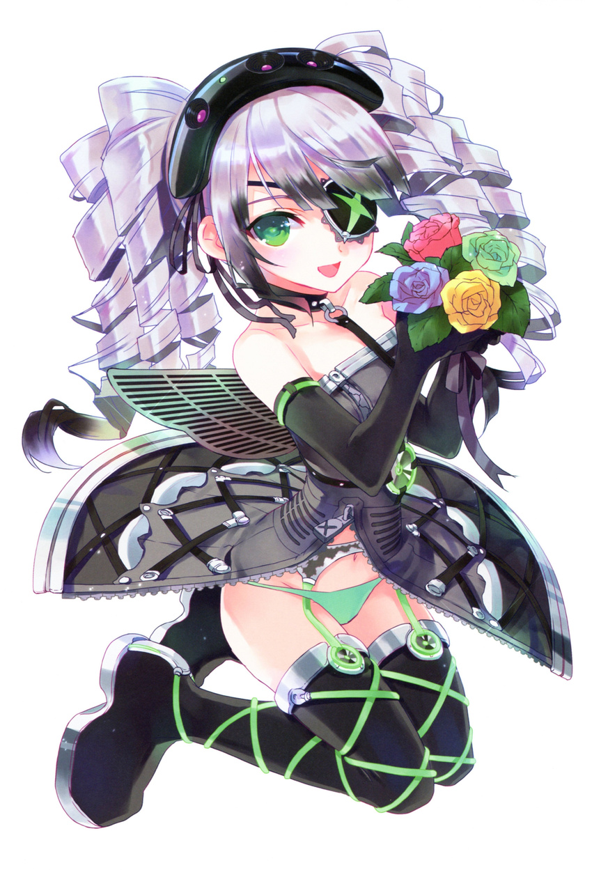 :d absurdres black_dress black_gloves black_legwear bouquet choker collar collarbone cross-laced_footwear dress drill_hair elbow_gloves eyepatch flower game_console garter_belt gloves green_eyes green_panties groin highres kasukabe_akira looking_at_viewer microsoft navel o-ring open_mouth panties personification purple_hair rose smile thighhighs underwear xbox_one xbox_one_(personification)