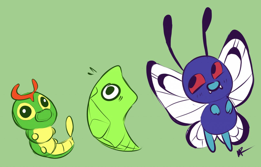 antennae arthropod blue_eyes butterfree caterpie cute doodle evolution grass green_background green_eyes group insect melissar1 metapod nintendo plain_background pok&#233;mon pok&eacute;mon sharp_teeth shell sketch smile teeth video_games wings