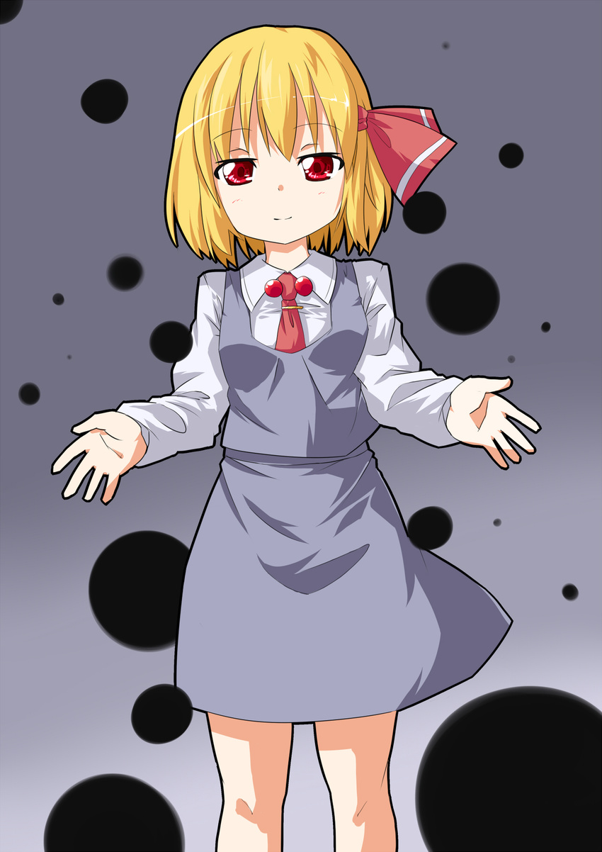 blonde_hair blouse darkness grey_background hair_ribbon highres red_eyes ribbon rumia short_hair simple_background skirt smile touhou vest you_shugyouchuu