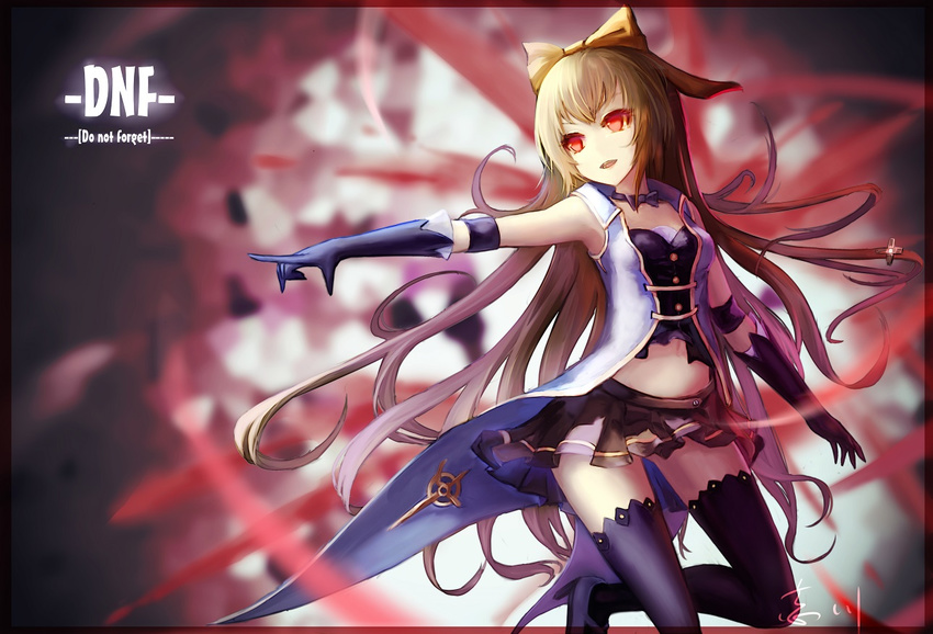 blonde_hair dungeon_and_fighter gloves long_hair midriff red_eyes solo thighhighs wangchuan_de_quanyan