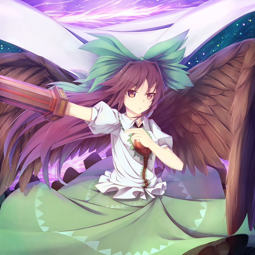 absurdres black_hair black_wings bow cape control_rod hair_bow hair_ornament hair_ribbon highres long_hair reiuji_utsuho ribbon seneto solo touhou wings