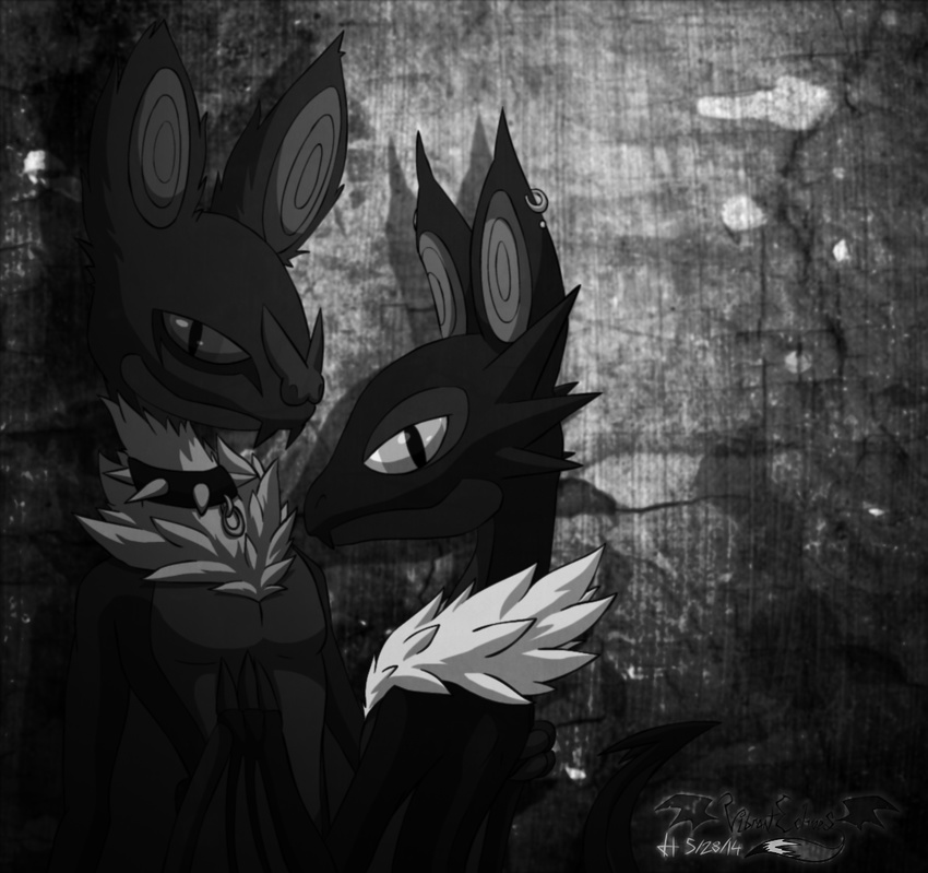 abstract_background anthro bat black_and_white claws collar dragon duo ear_piercing fangs female fur greyscale hybrid looking_at_viewer male mammal monochrome nintendo noivern nude original_character piercing pok&#233;mon pok&#233;morph pok&eacute;mon pok&eacute;morph salamence size_difference smile tuft vibrantechoes video_games wings