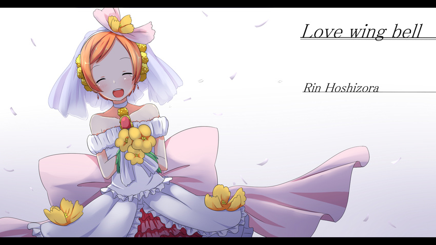 backlighting bare_shoulders bouquet bridal_veil character_name choker closed_eyes collarbone dress flower hair_flower hair_ornament happy_tears highres hoshizora_rin letterboxed love_live! love_live!_school_idol_project love_wing_bell makuran open_mouth petals sash smile solo song_name strapless strapless_dress tears veil wedding_dress white_dress