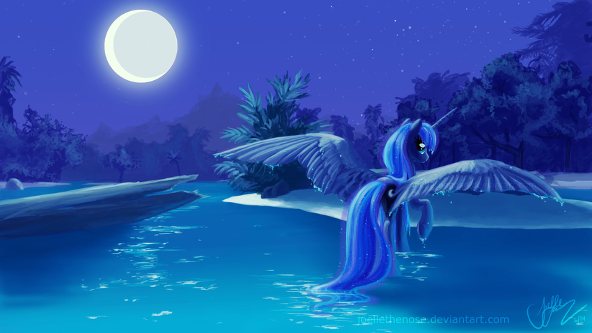 blue_eyes blue_fur blue_hair blue_theme cutie_mark dripping equine female forest friendship_is_magic fur hair horn joellethenose looking_at_viewer looking_back mammal moon mountain my_little_pony night outside palm_tree princess_luna_(mlp) sand solo spread_wings stars tree water wet winged_unicorn wings
