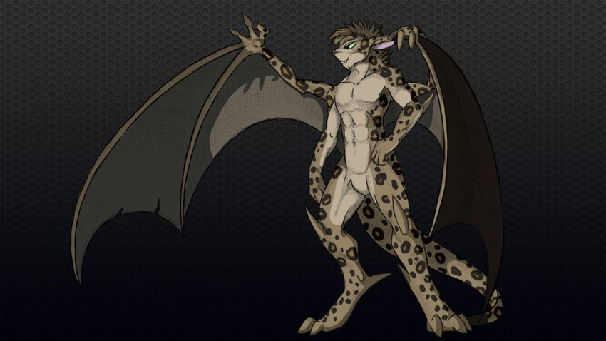 abs anthro barefoot black_background dark_theme demon_wings fangs feline fur gargoyle gekko green_eyes grey_background grey_fur grey_hair hair hand_on_hip hybrid klaue leogarg leopard male mammal muscles naturally_censored naughty_face navel nude paws pecs plain_background pose shaded smile solo spots spread_wings texture_background wings