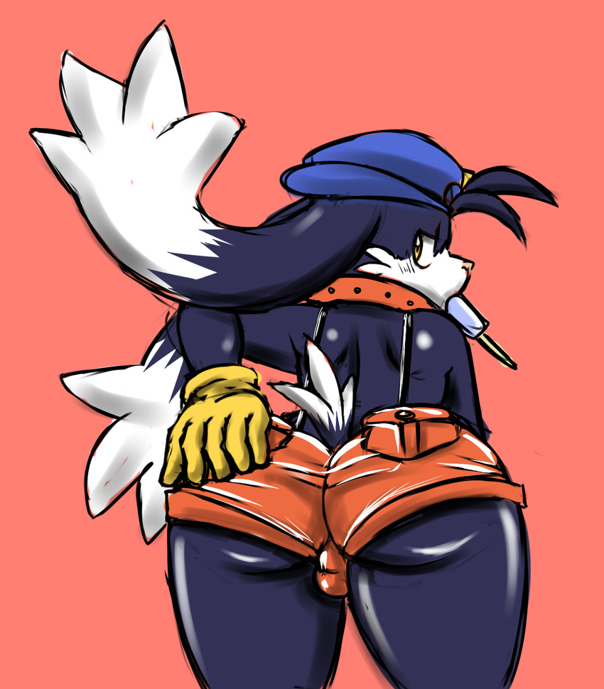 bulge butt cat clothed clothing collar dark_fur feline girly gloves half_naked hat heatstrokecat hot_pants klonoa long_ears looking_at_viewer looking_back male mammal plain_background popcicle popsicle presenting red_background shorts skimpy solo suggestive suspenders teasing
