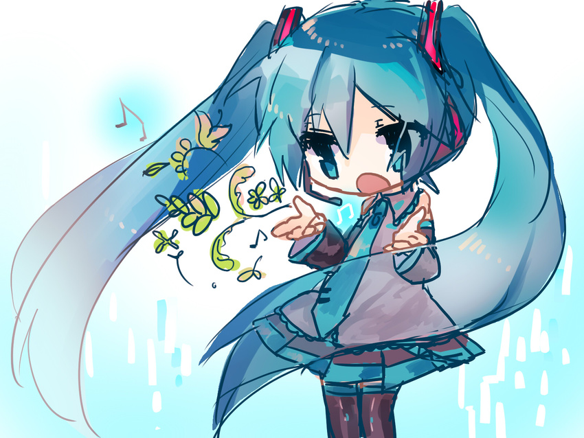 aqua_eyes aqua_hair banned_artist chibi detached_sleeves hatsune_miku headset highres long_hair music necktie singing sketch skirt solo thighhighs twintails very_long_hair vocaloid yusano