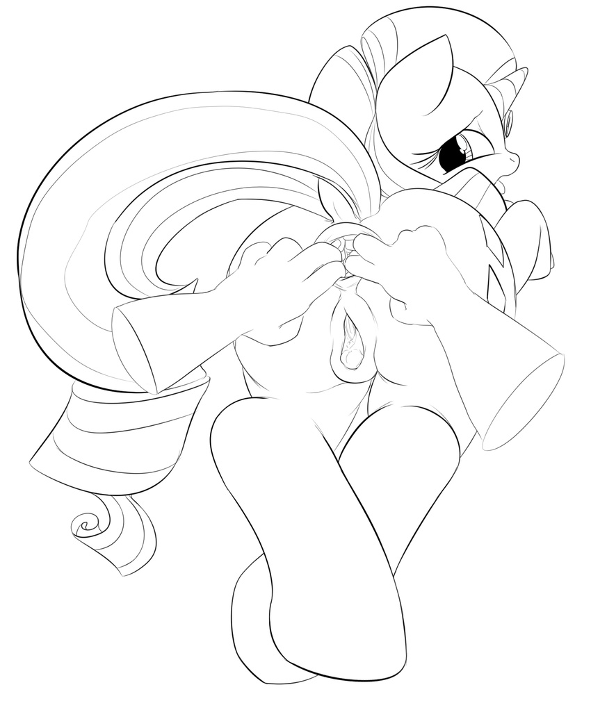 anus black_and_white butt cutie_mark disembodied_hand dotkwa duo equine eyelashes female feral friendship_is_magic gaping hair horn looking_at_viewer looking_back mammal monochrome my_little_pony open_mouth pussy rarity_(mlp) solo_focus spreading_anus tongue unicorn