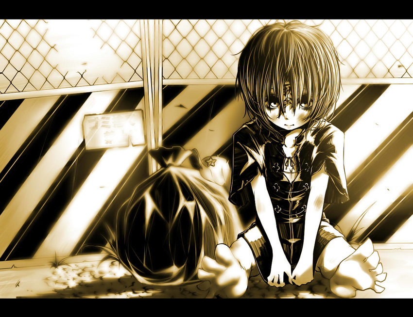 bad_id bad_pixiv_id barefoot chain-link_fence fence lonely looking_at_viewer miyako_yoshika monochrome no_hat no_headwear ofuda ribbon shika_miso short_hair sitting skirt solo torn_clothes touhou trash_bag younger