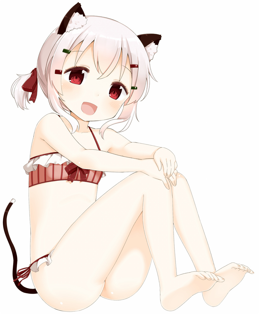 :d animal_ears ass bare_shoulders barefoot bikini blonde_hair cat_ears collarbone full_body hair_ornament hairclip highres muku_(muku-coffee) open_mouth original red_bikini red_eyes shiro_(muku) side-tie_bikini simple_background sitting smile solo swimsuit tail thighs toes white_background