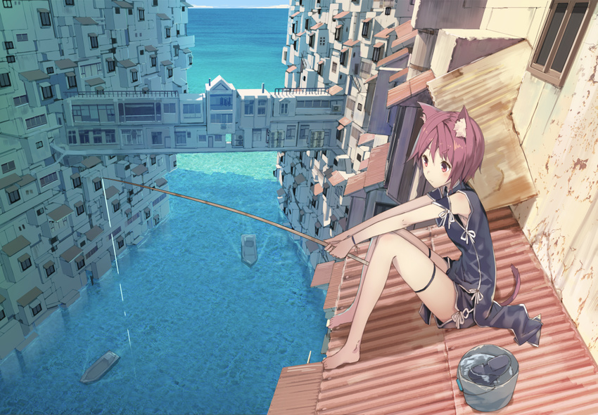 :3 animal_ears barefoot boat bucket cat_ears cat_tail china_dress chinese_clothes cityscape dress fishing fishing_rod izumi_sai ocean original pink_eyes pink_hair ribbon short_hair shorts sitting solo tail thigh_ribbon water watercraft