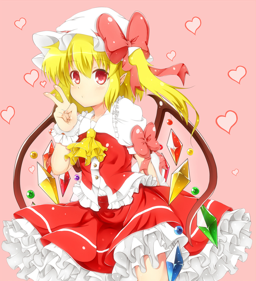 arms_behind_back ascot bad_id bad_pixiv_id blonde_hair blouse crystal flandre_scarlet frilled_skirt frills heart heart_background highres norori pink_background pointy_ears pouty_lips red_blouse red_eyes red_skirt ribbon short_hair side_ponytail skirt solo touhou v white_blouse wings wrist_cuffs