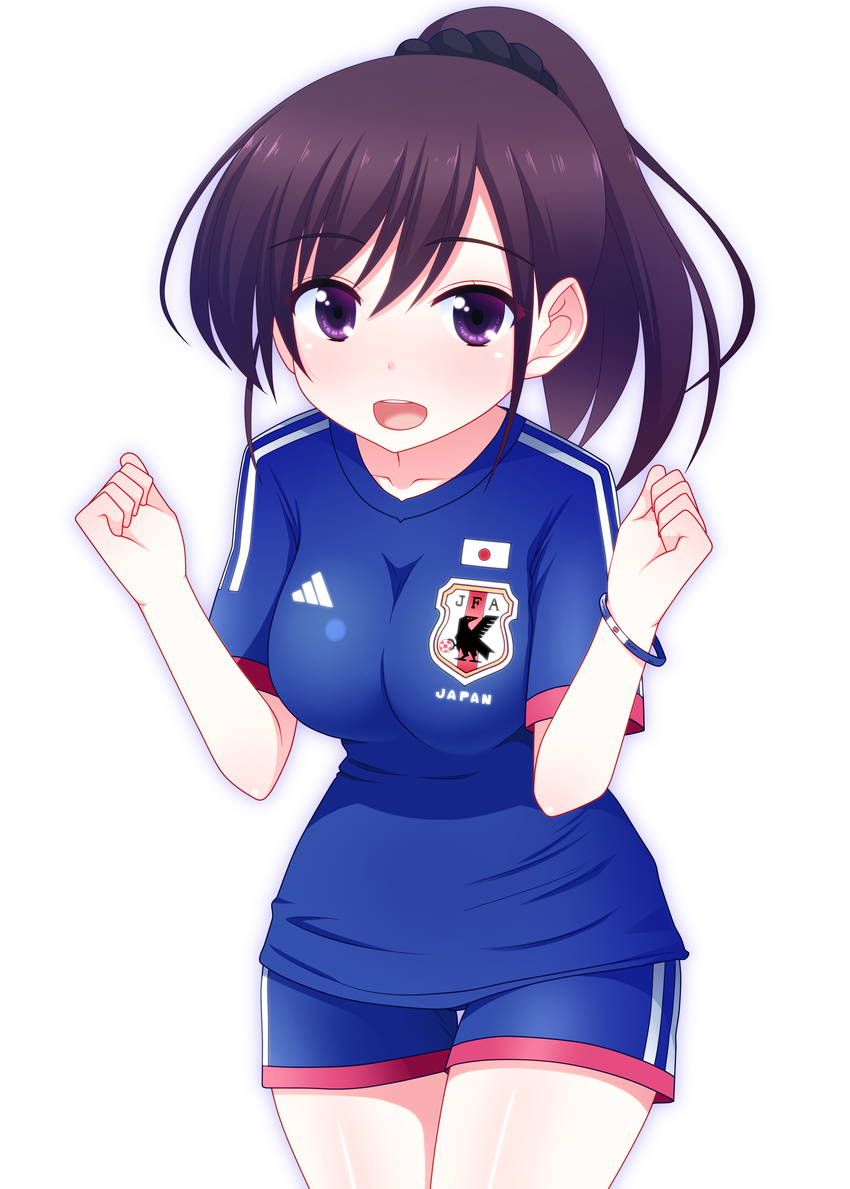 2014_fifa_world_cup absurdres adidas breasts brown_eyes brown_hair highres japan medium_breasts nase open_mouth original short_hair side_ponytail smile soccer soccer_uniform solo sportswear world_cup